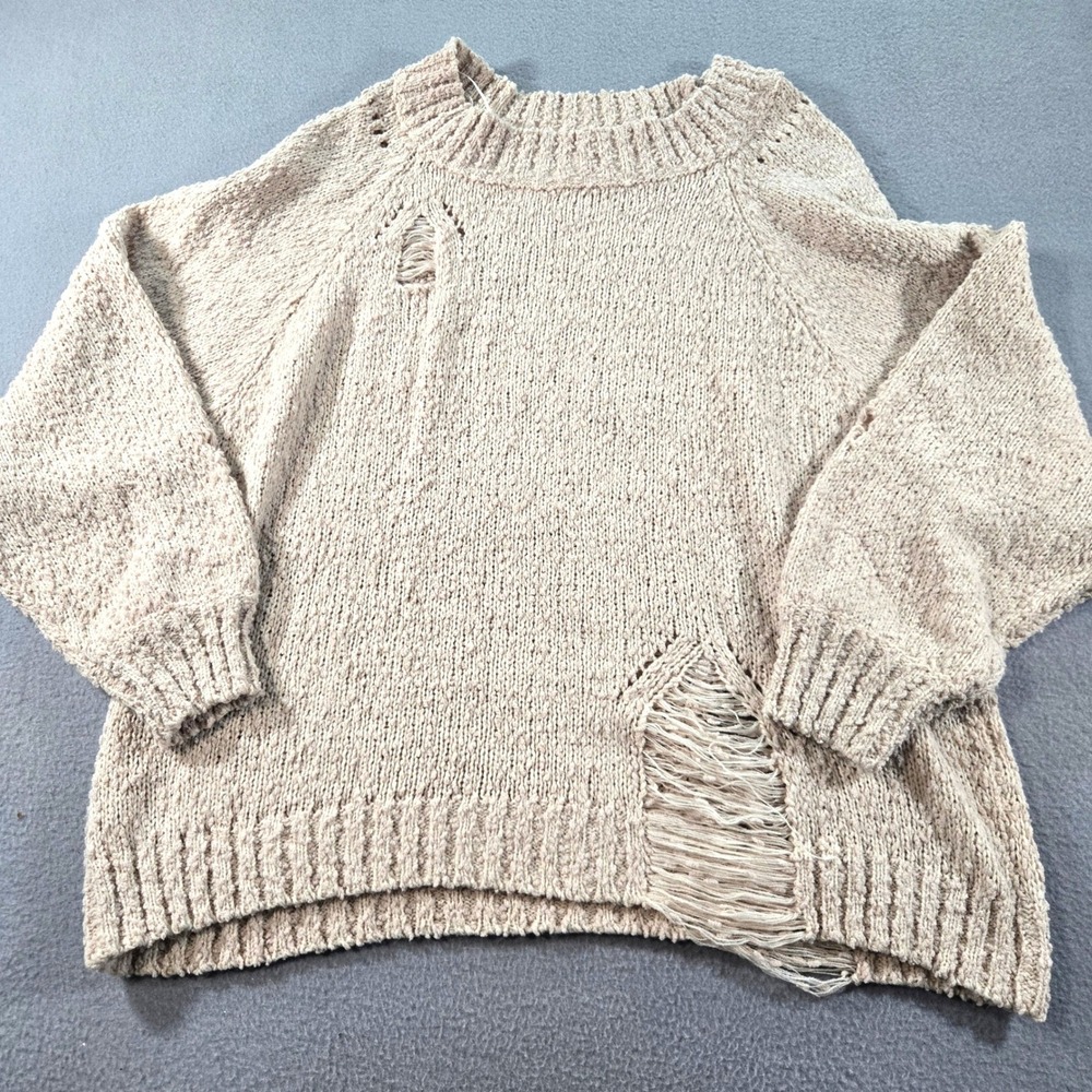 Umgee Sweater Womens Large Beige Distressed Chunky Knit Raglan Crew Neck Boho